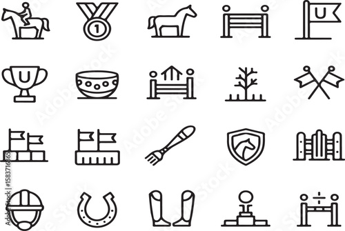 Equestrian sports and horse racing themed line art vector icons for design and illustration