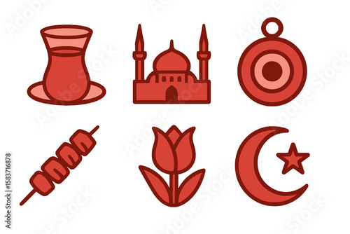 Turkish icons in light and dark red shades: tea glass, mosque, evil eye, kebab, tulip, crescent star. Flat cartoon style on transparent.
