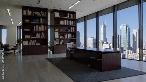 Serene Corporate Haven: A modern, sunlit office space, featuring a desk and bookshelf overlooking a stunning cityscape view, the perfect ambiance for productivity.