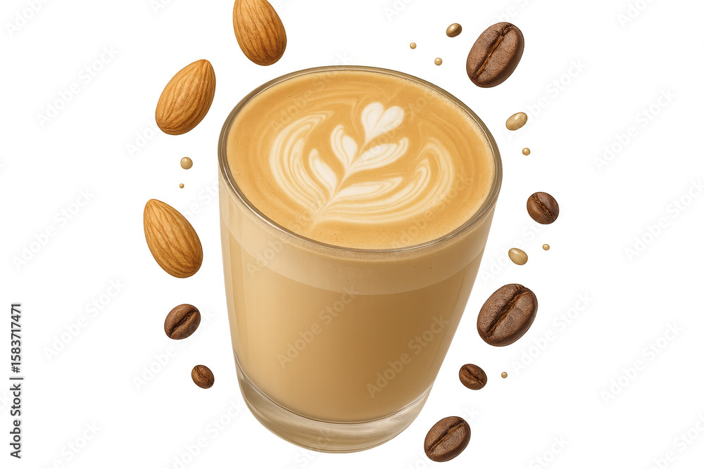Obraz premium Almond latte with coffee beans and art isolated on transparent background