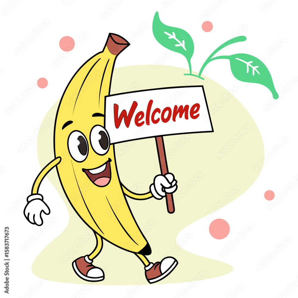 Fototapeta premium A cheerful cartoon banana character holding a welcome sign with leaves in the background vector