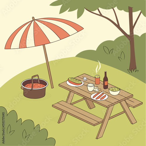 A delightful picnic scene featuring a barbecue, foodladen table, and a striped umbrella vector
