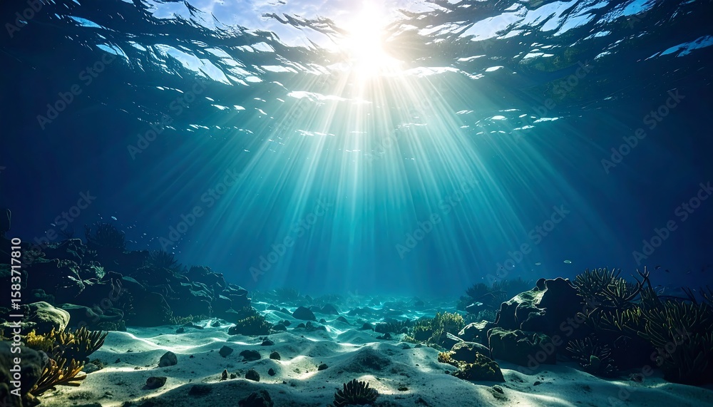Fototapeta premium Sunlight beams through underwater coral reef