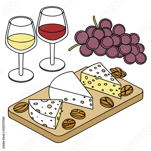 A delightful spread of cheese, grapes, and nuts with two glasses of wine vector