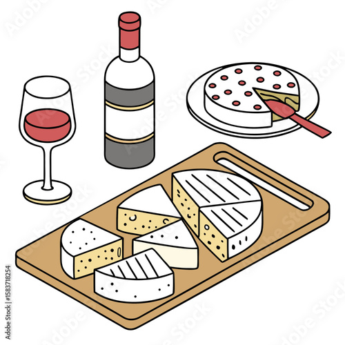 A glass of red wine sits beside a bottle and a cheese board with cake vector