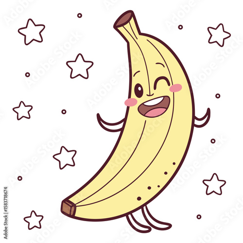 A happy, winking banana character dances among stars and dots in a fun illustration vector