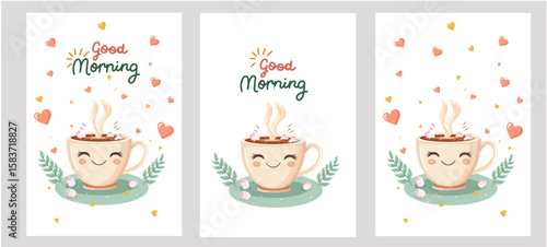 Greeting card template with cute coffee cup, green branches, hearts, and marshmallows on a white background. Hand-drawn vector illustration. Perfect for invitations, postcards, and holiday design