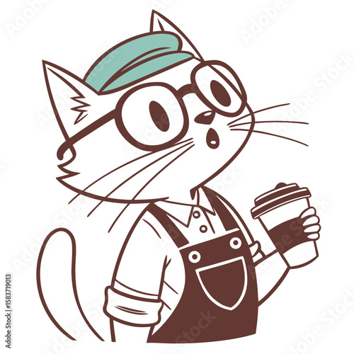 Cartoon cat wearing glasses and holding coffee cup in hand  