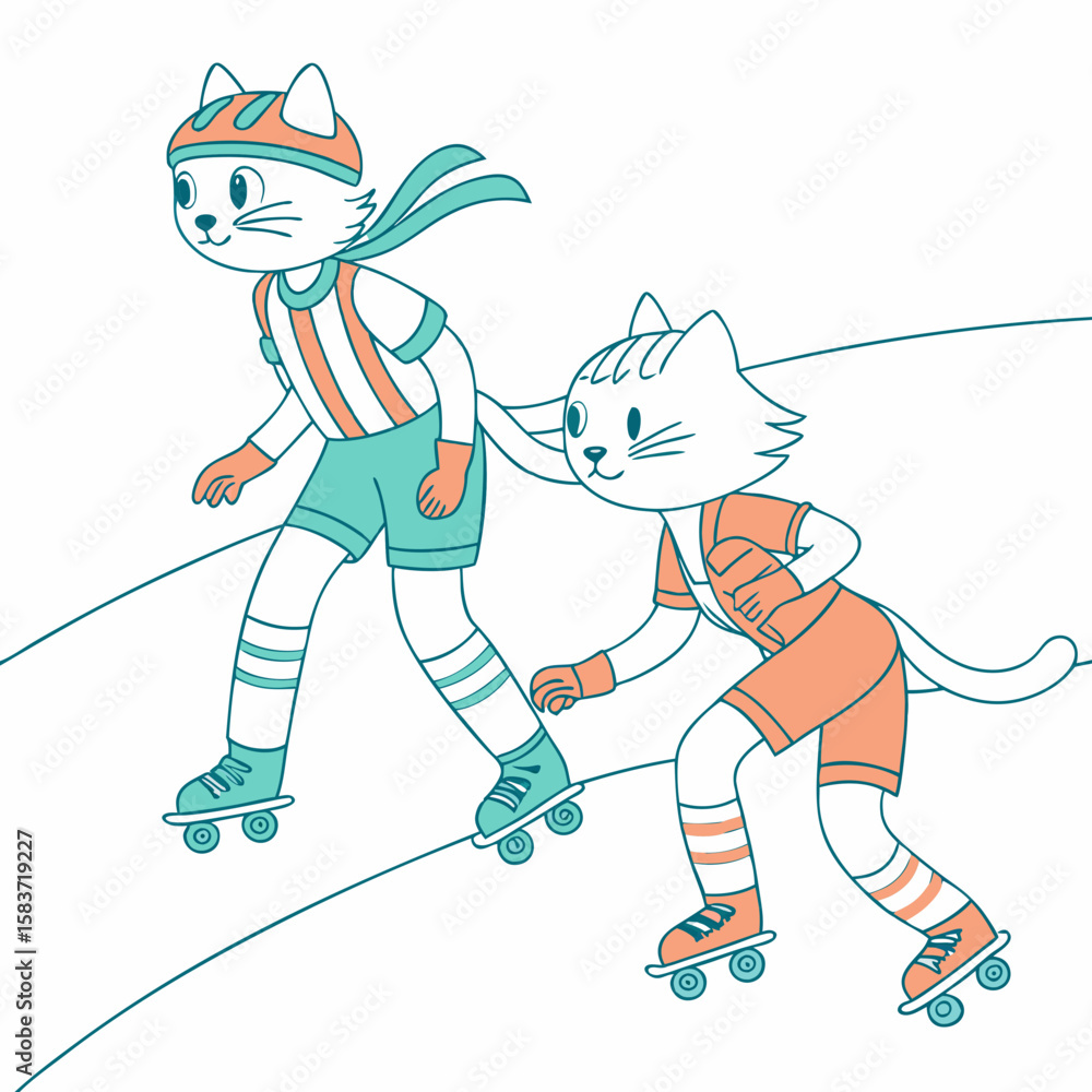 Obraz premium Two playful cats roller skating in colorful outfits on a track 