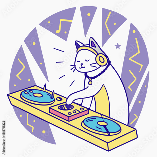 Cartoon cat DJ mixing music with vibrant colors and fun background  