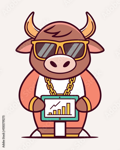 Cute cartoon bull with sunglasses and gold chain in hip hop style for finance