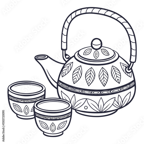 A traditional tea set with a patterned teapot and two cups vector