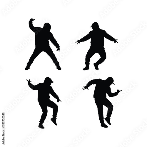 Four Silhouettes of a HipHop Dancer in Action Poses