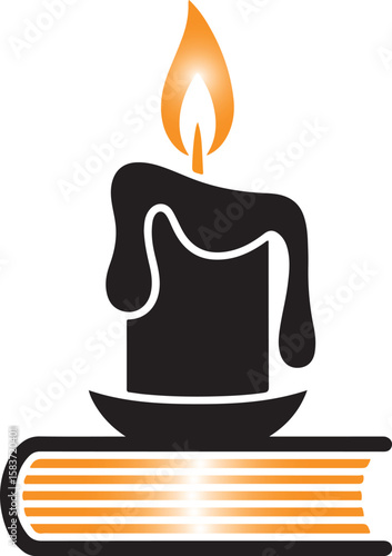 educational logo, book with candle illustration, birthday cake with candles silhouette vector icon.
