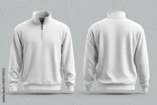 Stylish blank white quarter zip sweater mockup showcasing front and back views for fashion design and apparel promotion