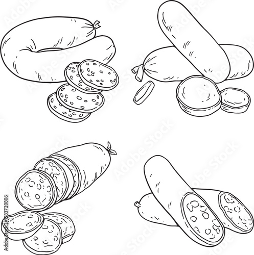 Hand-drawn vector illustration set featuring various whole and sliced sausages. Ideal for butcher shops, deli menus, or any food-related projects needing a diverse selection of processed meats.