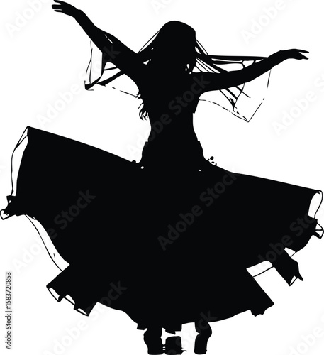 A silhouette of a belly dancer in mid-twirl, the vibrant costume swirling around her, set against a light solid white  background