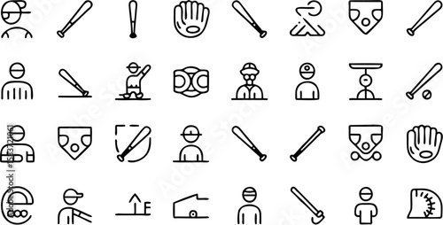 Dynamic Baseball Vector Icon Set featuring bats, balls, gloves, helmets, players, scoreboard, and field elements—perfect for sports apps, merch, and promotions.


