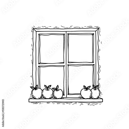 Hand-drawn window with six apples on the sill  