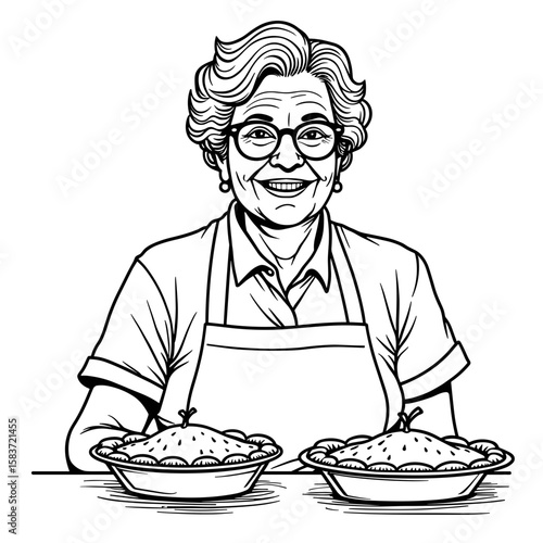 Elderly woman smiling while standing with two pies in kitchen  