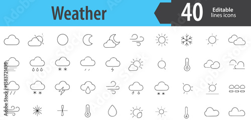 Weather Line Icons, Sun, Cloud, Rain, Snowflake, Lightning Bolt, Editable Formats: AI, EPS, PNG, Ideal for Both UI and Print Media Use
