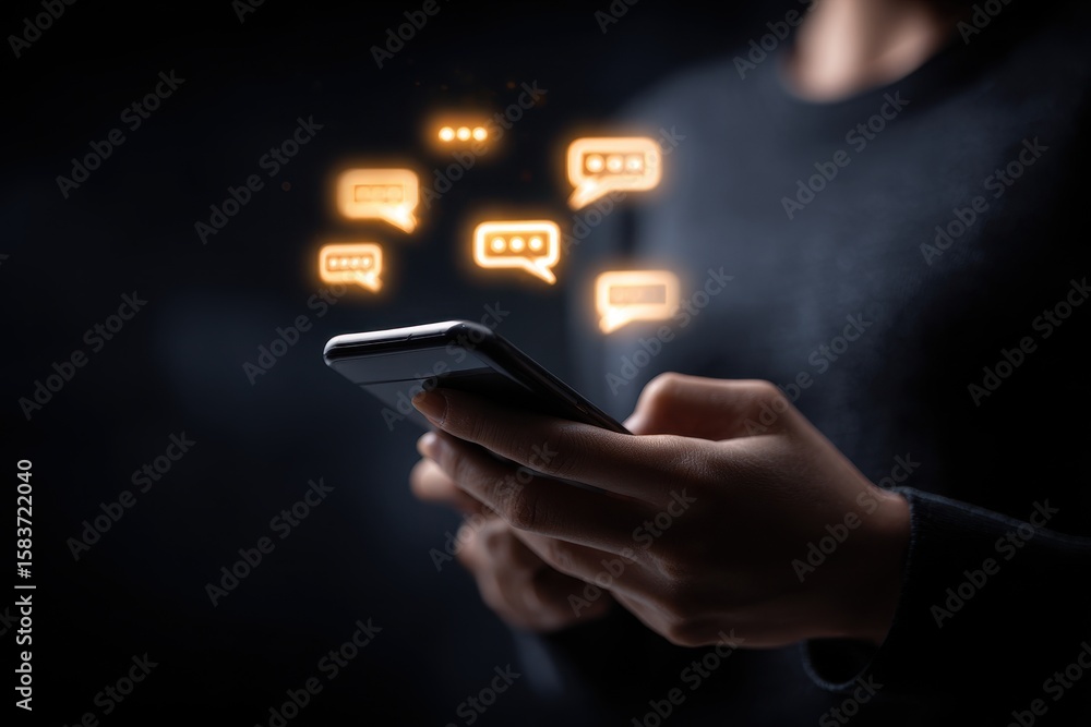 custom made wallpaper toronto digitalPerson holding a smartphone with glowing chat icons in a dark environment while engaging in digital communication during the evening hours