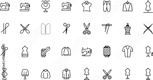 Charming Sewing Items Vector Icon Set featuring needle, thread, scissors, buttons, sewing machine, thimble, fabric, and measuring tape—perfect for crafts and design.

