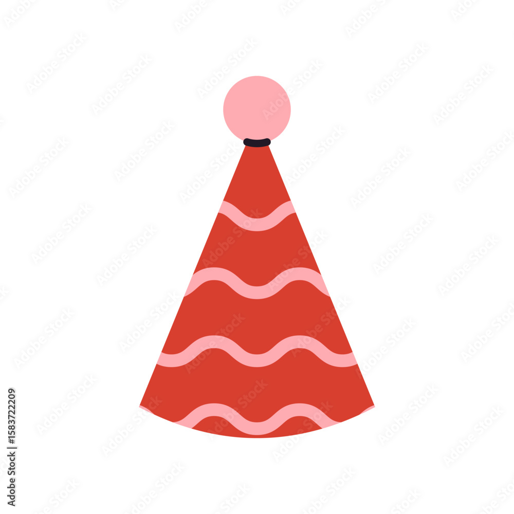 Cheerful paper party cap with stripes. Flat cartoon illustration for birthday celebration festival or holiday clipart. Isolated vector cone hat. Cheerful paper party cap with stripes. Flat cartoon illustration for birthday celebration festival or holiday clipart. Isolated vector cone hat.