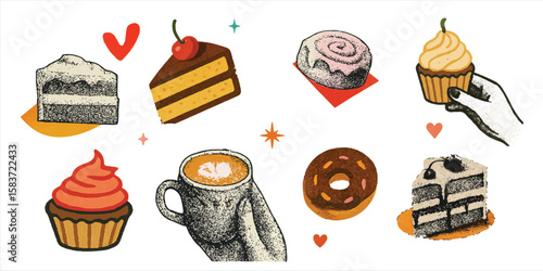 Trendy vintage Halftone Retro Coffee and Dessert Vector Clipart Set, Hand Holding Mug, Cakes, Donuts, Cupcakes in Cutout Style on Transparent Background for Modern retro vector illustration for mixed 