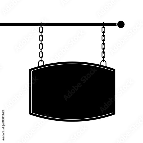 Vintage Hanging Signboard with Chains Vector Illustration. This black and white vector features a vintage style hanging signboard suspended by two chains from a horizontal bar.