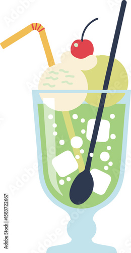 Minimal Flat Design Melon Cream Soda with Ice and Spoon in Glass