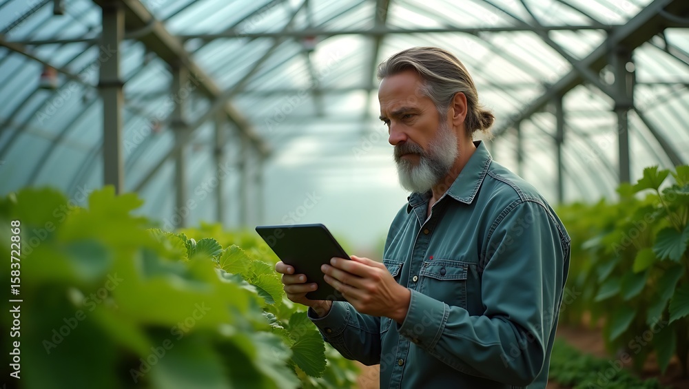 Fototapeta premium Farmer using tablet in greenhouse