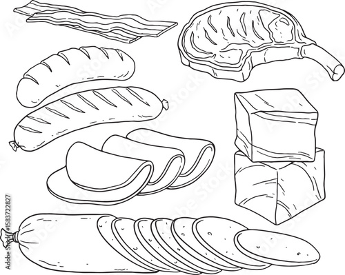 Hand-drawn vector illustration set of various meat products, including raw steak, bacon strips, sausages, sliced ham, and blocks of meat. Perfect for butcher shops, deli menus, or any food-related.