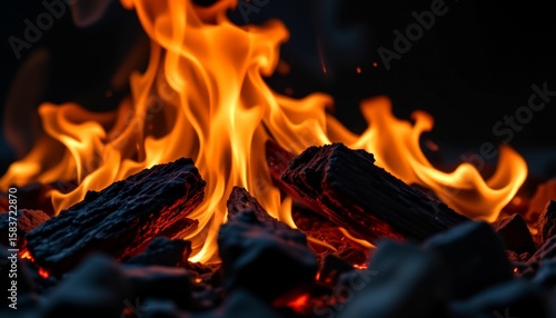 a fiery scene featuring a large stack of burning firewood atop what appears to be a pile of coal