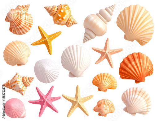3D assorted seashell collection on white background, high-resolution glossy summer be transparent background.
