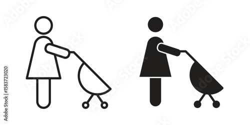 Woman with Baby Stroller icons designed in filled, outline, line and stroke style