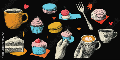 Trendy Retro Halftone Cutout Style with Hands Holding Mugs, Cupcakes, Macarons, Cake and Cinnamon Rolls for Modern retro vector illustration for mixed media.