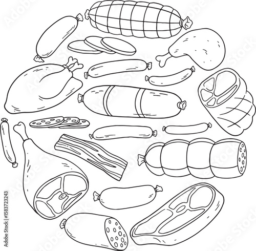 Hand-drawn vector illustration set of various fresh and processed meats, including steaks, sausages, ham, and bacon, arranged in a circle. Perfect for butcher shops, deli menus, or any food-related.