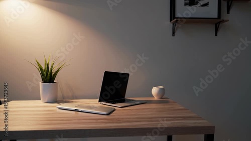 Laptop on Desk at Night: A tranquil workspace scene featuring a laptop, notebook, and small potted plant on a minimalist wooden desk, illuminated by a warm desk lamp.