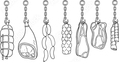 Hand-drawn vector illustration set of various hanging cured meats and sausages, including ham, salami, and other cuts. Ideal for butcher shops, deli menus.