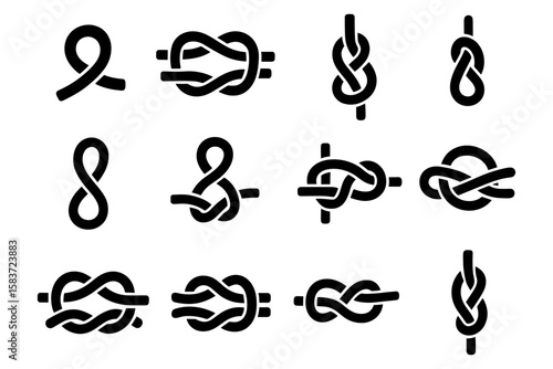 Collection of knots in bold black icons for nautical and climbing themes