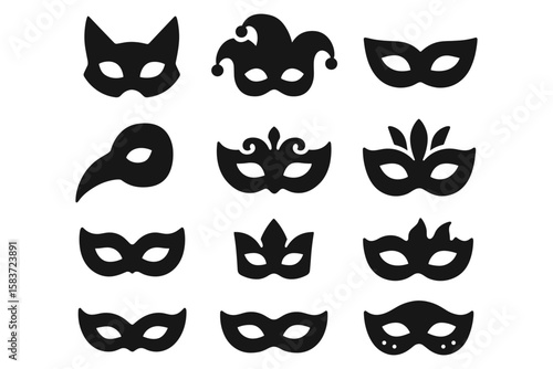 Collection of carnival masks in silhouette style for festive design