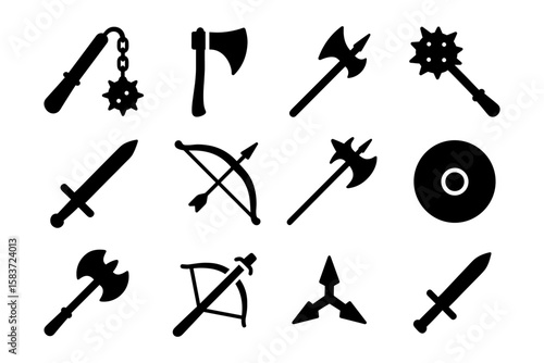 Silhouette medieval weapons collection: axes, swords, and shields