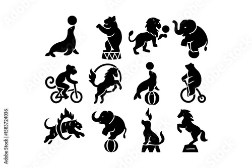 Circus animal silhouettes: playful and iconic acts in black silhouette art form