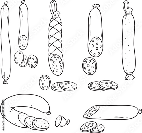 Hand-drawn vector illustration set of various whole and sliced sausages, including salami and other deli meats. Perfect for butcher shop designs, deli menus, or any food-related projects needing.
