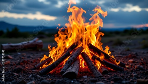 an outdoor setting where a fire is burning amidst what appears to be a camping environment. flames are visible above and around wood logs, suggesting that this is a real fire