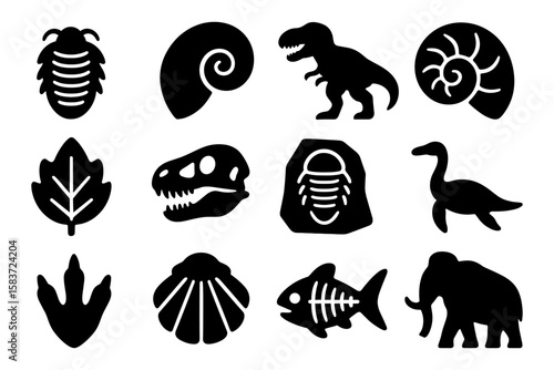 Silhouette dinosaur and fossil icons collection for prehistoric themes