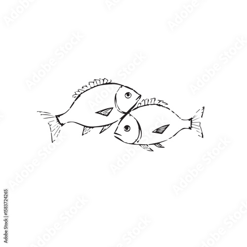 Two stylized black and white fish swimming together in a simple line drawing