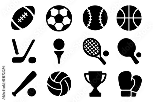 Collection of popular sports icons featuring balls and equipment in silhouette style