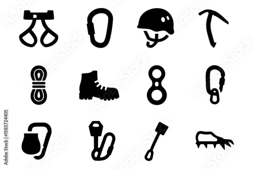 Essential mountaineering gear icons for adventure enthusiasts
